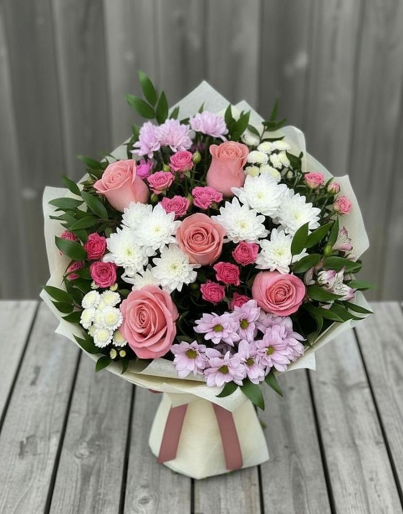 Букет цветов из: Альстромерии, Гвоздики, Розы и Хризантемы в Сабурово