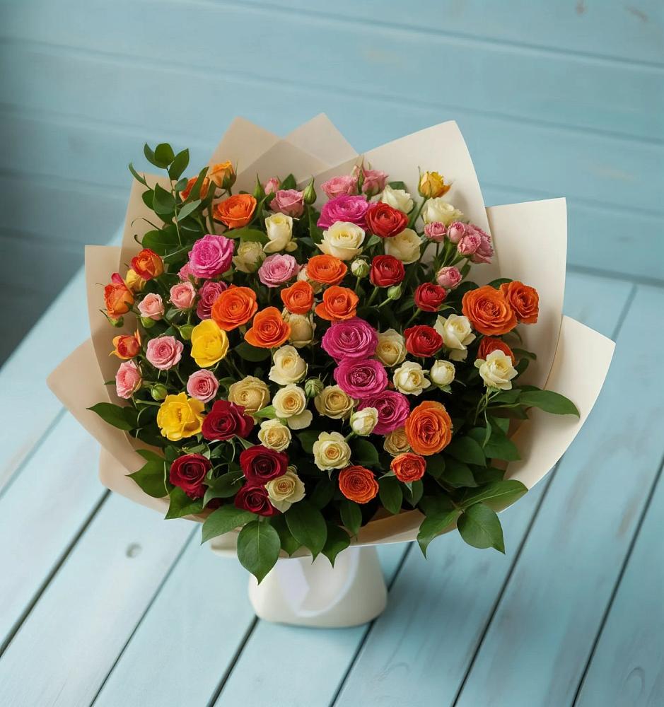 Букет Микс из разноцветных кустовых роз в Сабурово