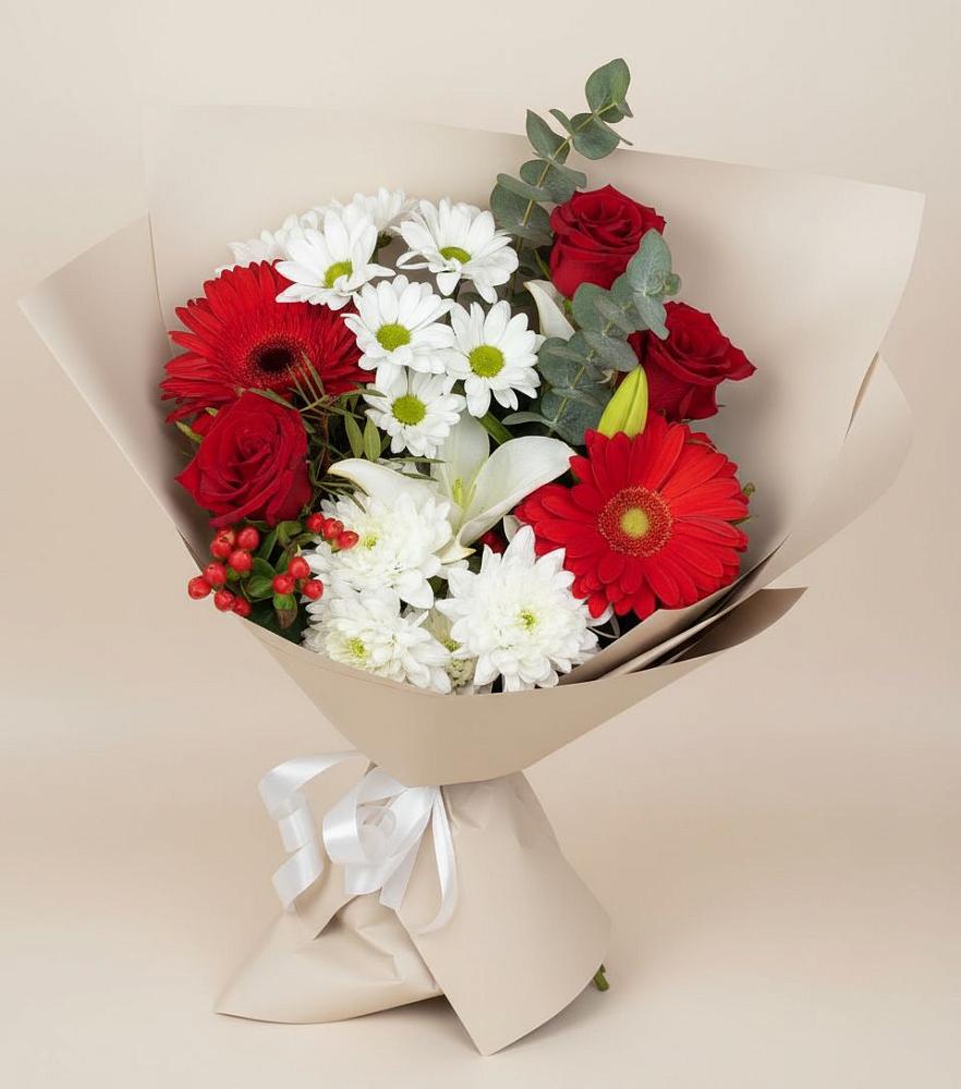 Букет цветов из: Розы, Хризантемы, Герберы и Лилии в Сабурово