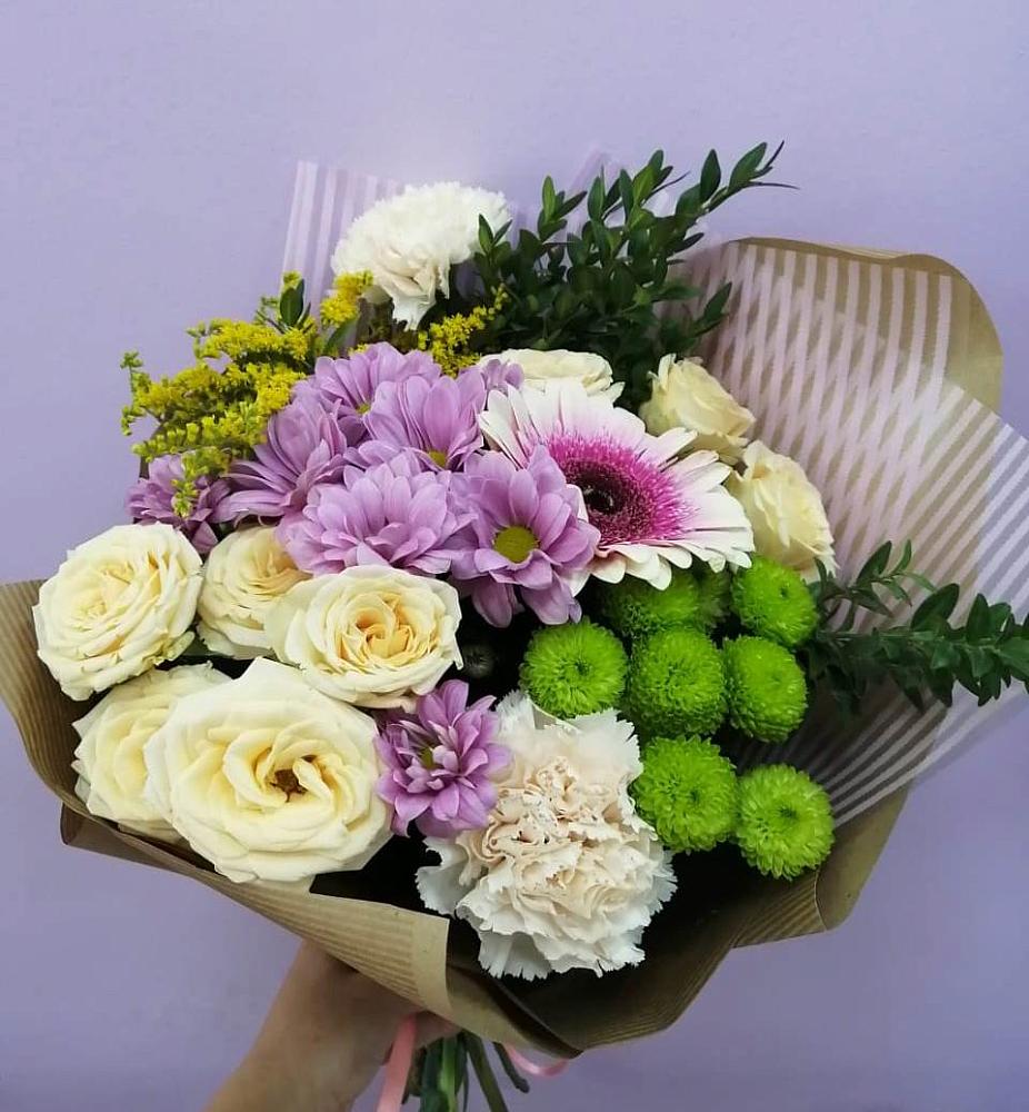 Букет цветов из: Хризантемы, Розы, Гвоздики и Герберы в Сабурово