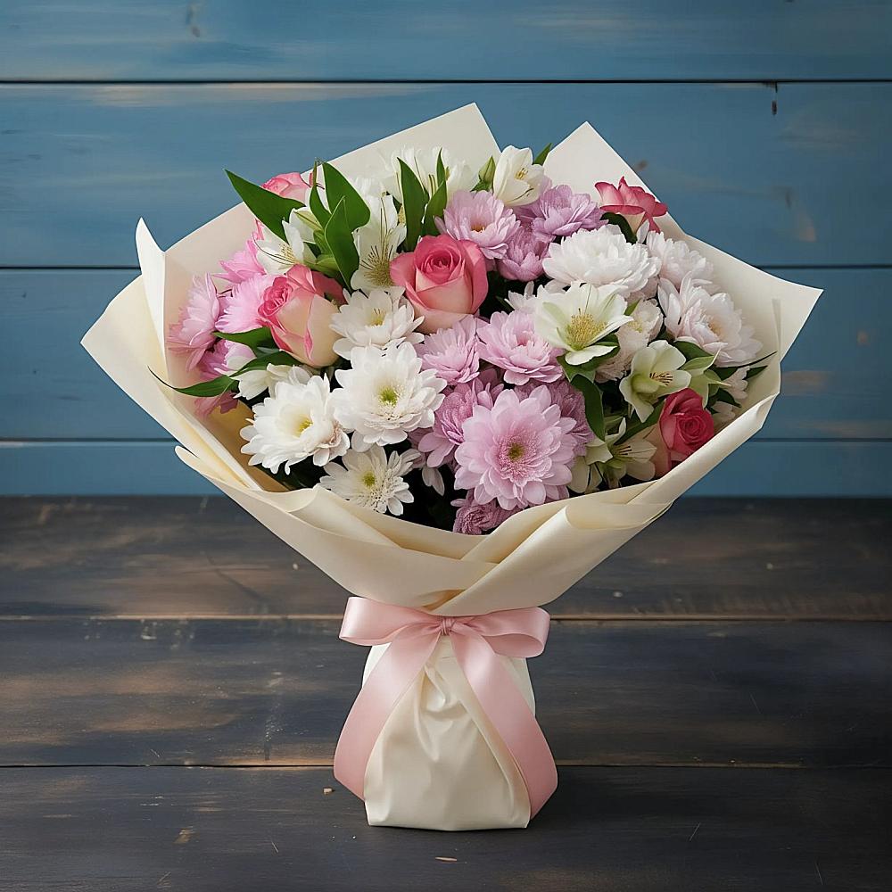 Букет цветов из: Хризантемы, Альстромерии и Розы в Сабурово